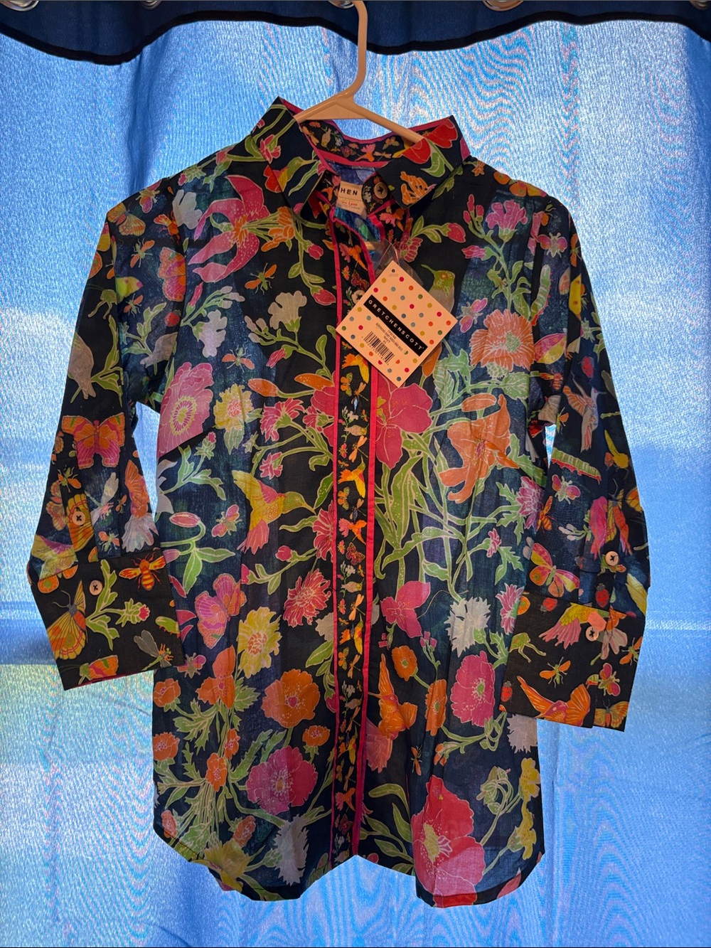 Gretchen Scott Designs Navy Button-Down Floral Shirt with Bright Blooms